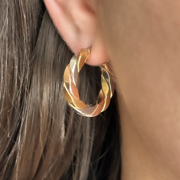 Tri-Colour Gold Twist Hoop Earrings - Saddingtons Jewellery Stand 375 - image 1