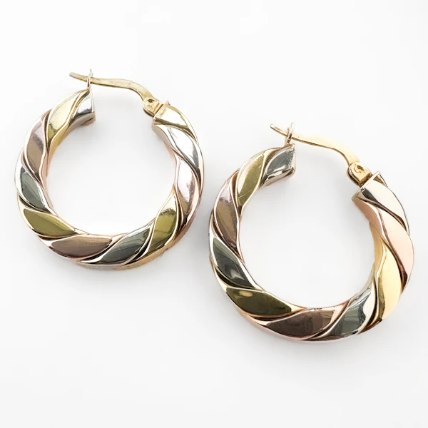Tri-Colour Gold Twist Hoop Earrings - Saddingtons Jewellery Stand 375 - image 2