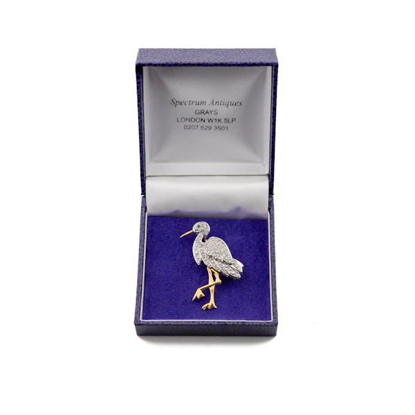 18ct Gold Diamond Pavé Heron Brooch with Emerald Eye Spectrum Antiques - image 1