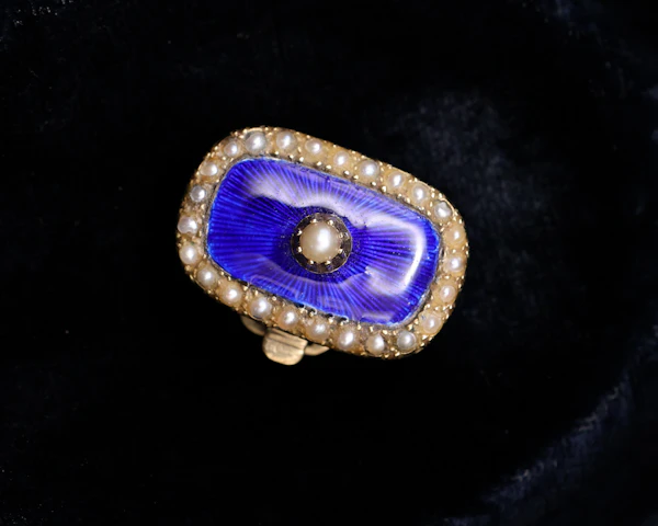 High Carat Yellow Gold (tested), Seed Pearl & Blue Enamel. Double Strand Clasp, Circa 187 - image 2