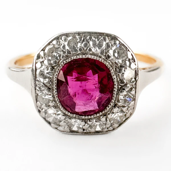 Edwardian Burma Ruby & Diamond Cluster Ring - Saddingtons Jewellery Stand 375 - image 1