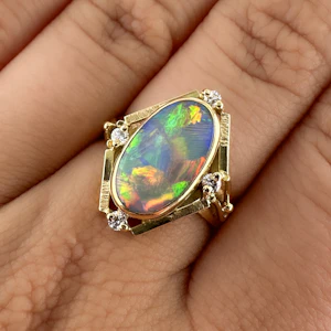 Vintage Geometric Black Opal & Diamond Ring - Saddingtons Jewellery Stand 375