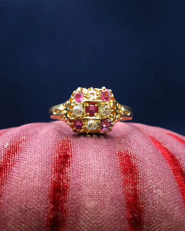 A very fine 18ct Yellow Gold Ruby & Diamond, Chequer Board Ring, Birmingham Hallmarks 1908 - image 1