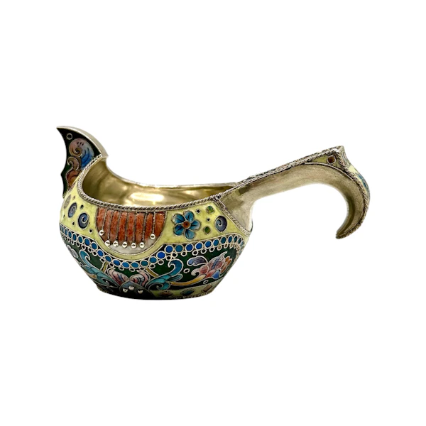 Russian silver gilt shaded and cloisonné enamel kovsh, 6th Moscow Artel, c.1910. - image 4