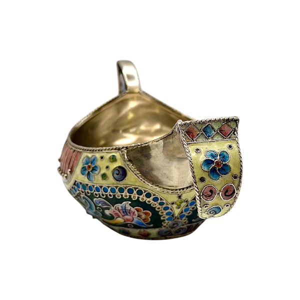 Russian silver gilt shaded and cloisonné enamel kovsh, 6th Moscow Artel, c.1910. - image 5