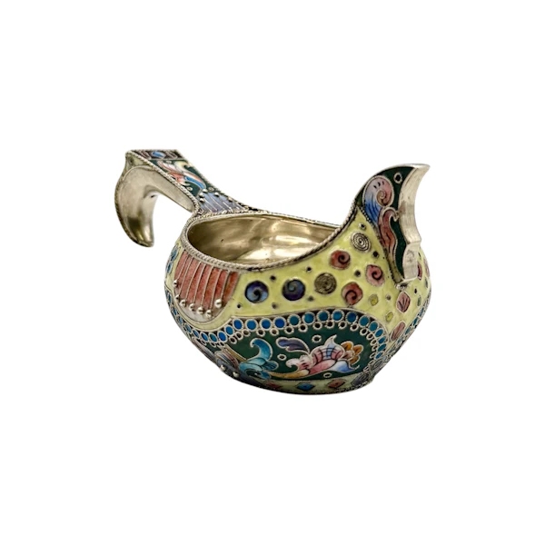 Russian silver gilt shaded and cloisonné enamel kovsh, 6th Moscow Artel, c.1910. - image 2