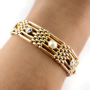 Edwardian Gold Pearl & Diamond Bracelet - Saddingtons Jewellery Stand 375
