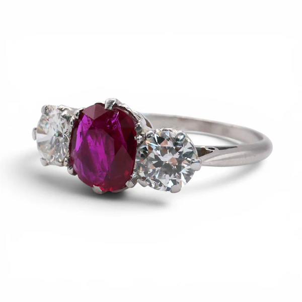 Vintage Ruby, Diamond and Platinum Three Stone Ring, Circa 1950 - image 6
