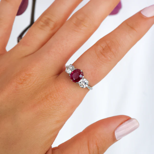 Vintage Ruby, Diamond and Platinum Three Stone Ring, Circa 1950 - image 4