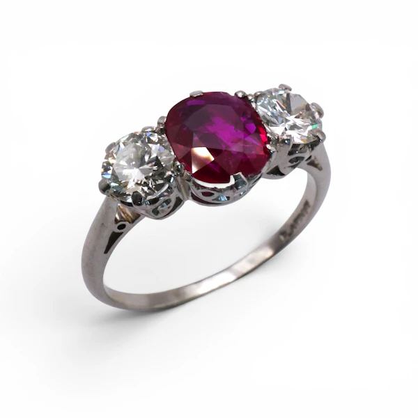 Vintage Ruby, Diamond and Platinum Three Stone Ring, Circa 1950 - image 3