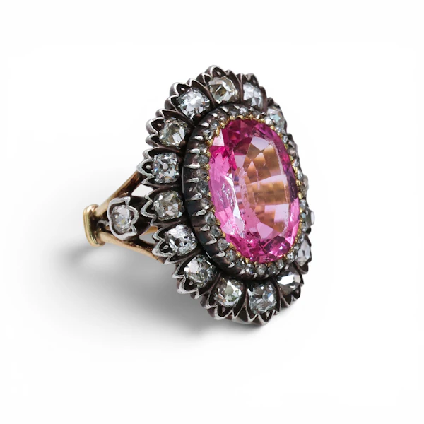 Antique French Pink Spinel, Diamond, Silver and Gold Cluster Ring, Circa 1830 - image 3