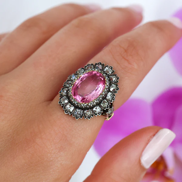 Antique French Pink Spinel, Diamond, Silver and Gold Cluster Ring, Circa 1830 - image 2