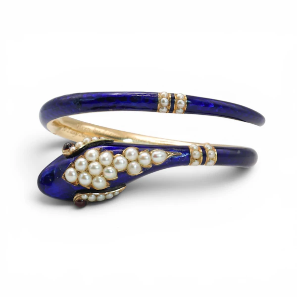 Victorian Blue Enamel, Pearl, Garnet and Gold Snake Bangle, Given by Adelaide Queen Dowager, to Lady Susan Harcourt, 1849 - image 3