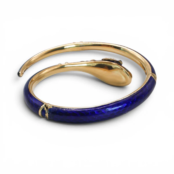 Victorian Blue Enamel, Pearl, Garnet and Gold Snake Bangle, Given by Adelaide Queen Dowager, to Lady Susan Harcourt, 1849 - image 5