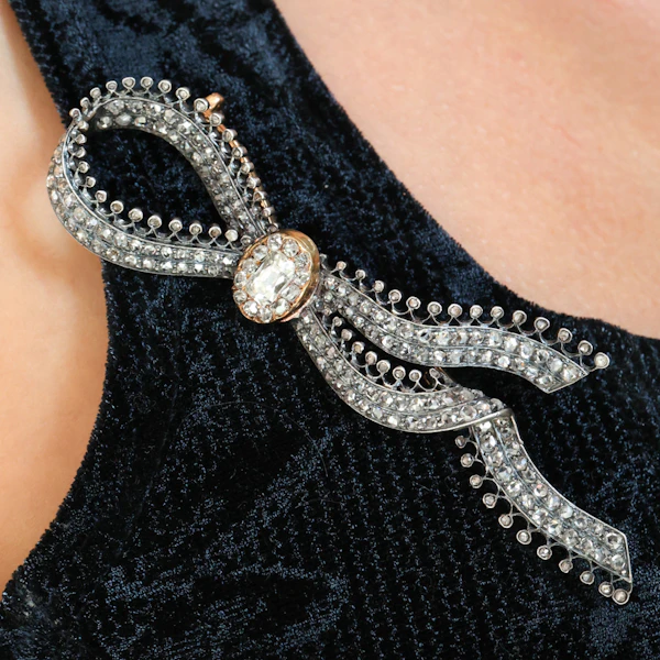 Antique Diamond and Silver Upon Gold Bow Brooch, Circa 1850 - image 5