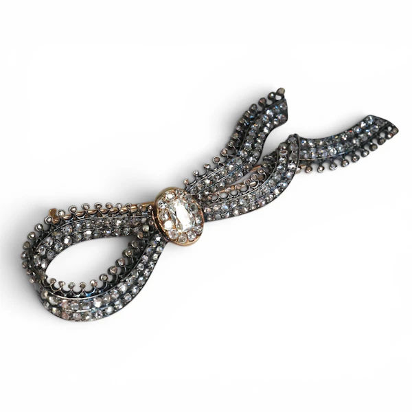 Antique Diamond and Silver Upon Gold Bow Brooch, Circa 1850 - image 4