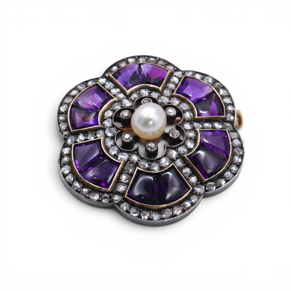 Belle Époque Austrian Amethyst, Pearl, Diamond, Silver and Gold Brooch, Circa 1910 - image 3