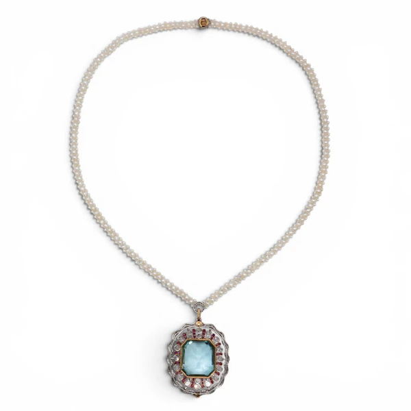 Belle Époque Grand Duchess Alexandra of Mecklenburg-Schwerin Aquamarine, Diamond, Ruby, Pearl Pendant Necklace, Circa 1905 - image 6