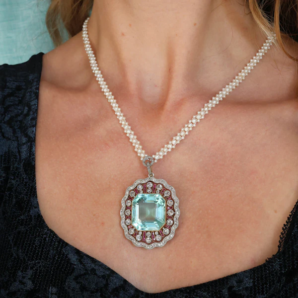 Belle Époque Grand Duchess Alexandra of Mecklenburg-Schwerin Aquamarine, Diamond, Ruby, Pearl Pendant Necklace, Circa 1905 - image 4