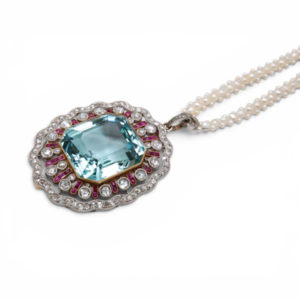 Belle Époque Grand Duchess Alexandra of Mecklenburg-Schwerin Aquamarine, Diamond, Ruby, Pearl Pendant Necklace, Circa 1905 - image 3