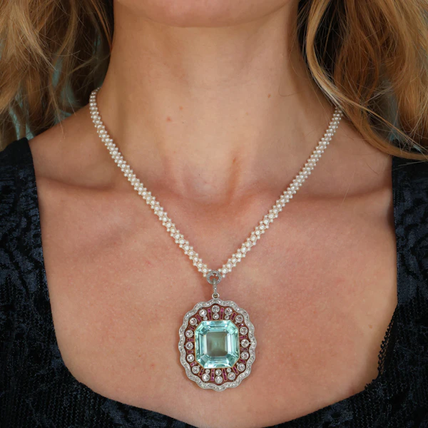 Belle Époque Grand Duchess Alexandra of Mecklenburg-Schwerin Aquamarine, Diamond, Ruby, Pearl Pendant Necklace, Circa 1905 - image 2