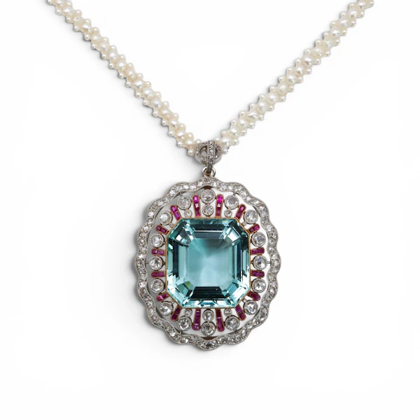Belle Époque Grand Duchess Alexandra of Mecklenburg-Schwerin Aquamarine, Diamond, Ruby, Pearl Pendant Necklace, Circa 1905 - image 5