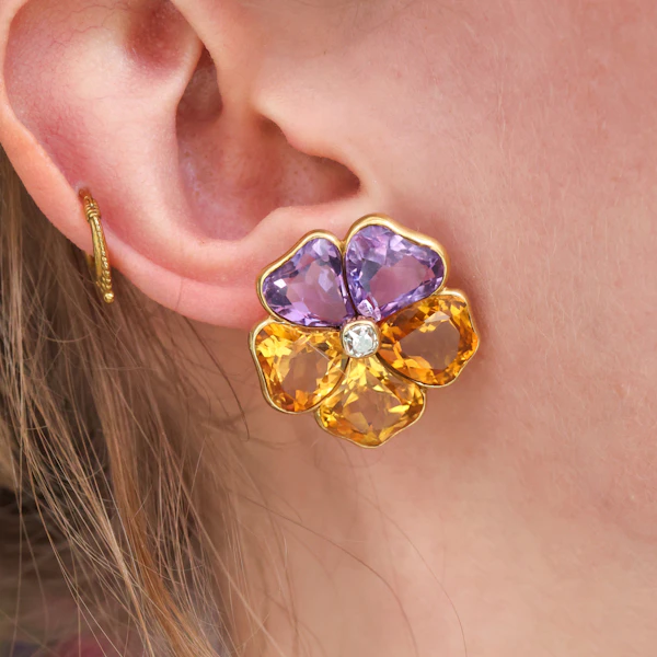 Harvey & Gore Amethyst, Citrine, Diamond And Gold Pansy Earrings, 1973 - image 7