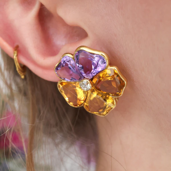 Harvey & Gore Amethyst, Citrine, Diamond And Gold Pansy Earrings, 1973 - image 8