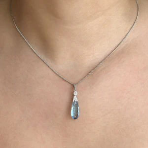 Aquamarine & Diamond Drop Pendant With Chain - Saddingtons Jewellery Stand 375