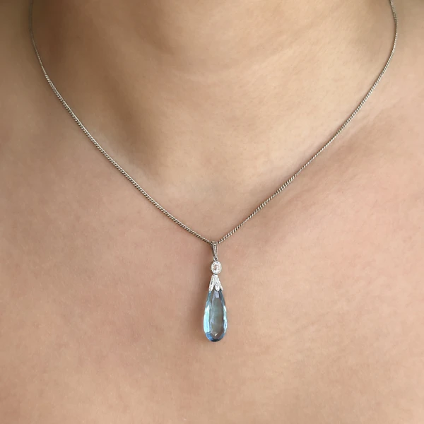 Aquamarine & Diamond Drop Pendant With Chain - Saddingtons Jewellery Stand 375 - image 1