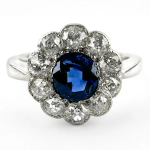Edwardian Ceylon Sapphire & Diamond Cluster Ring - Saddingtons Jewellery Stand 375