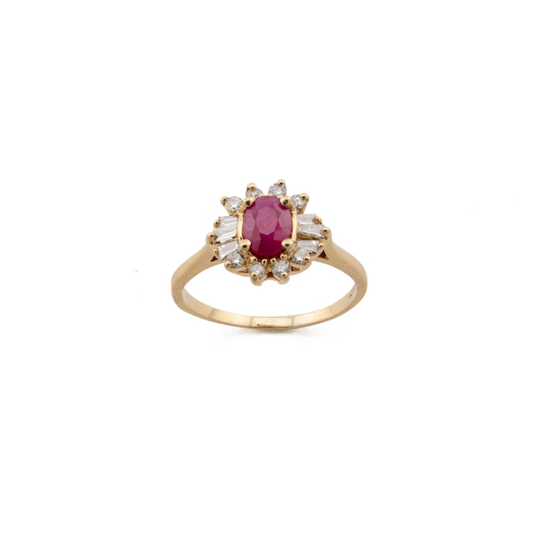 Mid-Century 14kt Yellow Gold Ruby and Diamond Cluster Ring Spectrum Antiques - image 1