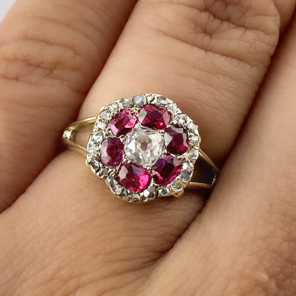 Victorian Burma Ruby & Diamond Hexagonal Cluster Ring - Saddingtons Jewellery Stand 375 - image 4