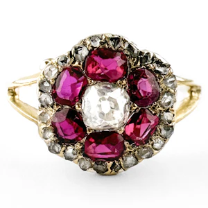Victorian Burma Ruby & Diamond Hexagonal Cluster Ring - Saddingtons Jewellery Stand 375
