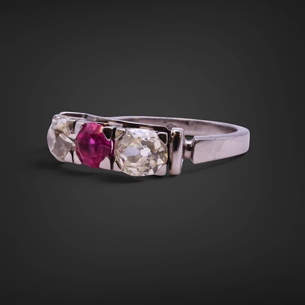 Antique Pink sapphire & Old Cut Diamond Trilogy Ring - image 2