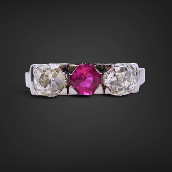 Antique Pink sapphire & Old Cut Diamond Trilogy Ring - image 4