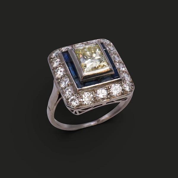 Art Deco Platinum, Diamond, and Sapphire Target Ring - image 2