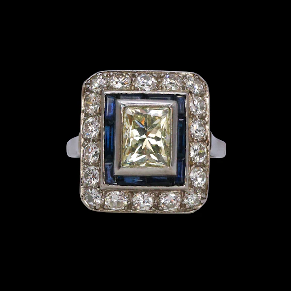 Art Deco Platinum, Diamond, and Sapphire Target Ring - image 3