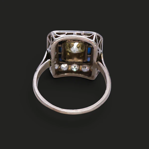Art Deco Platinum, Diamond, and Sapphire Target Ring - image 4