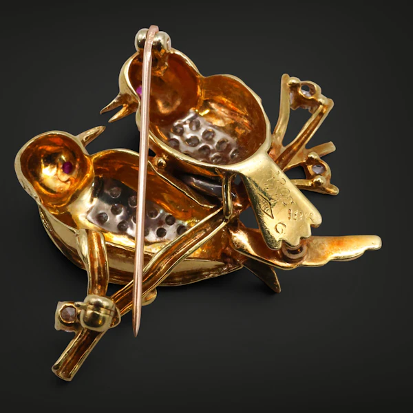 Vintage Herbert Rosenthal 18k Gold, Diamond, and Ruby "Lovebirds" Brooch - image 3