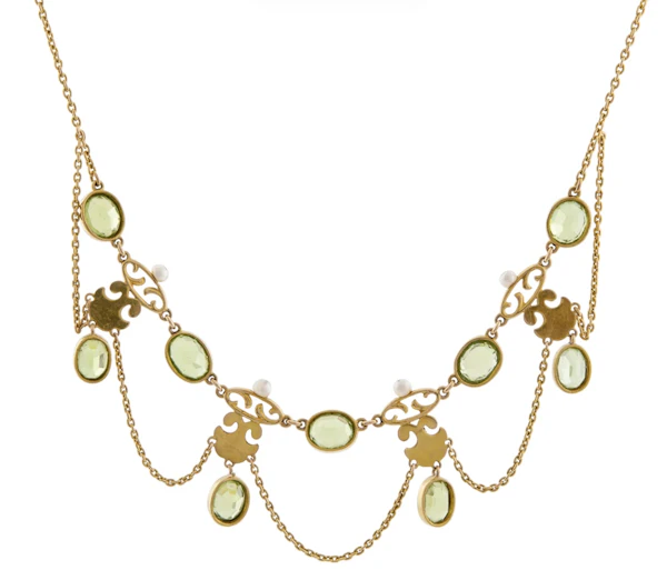 Peridot and Seed Pearl Fringe Necklace in 15ct Gold- Spectrum Antiques - image 4