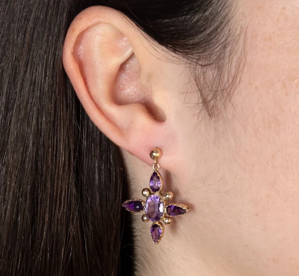 Vintage 10ct Yellow Gold Amethyst Star Drop Earrings- Spectrum Antiques - image 2