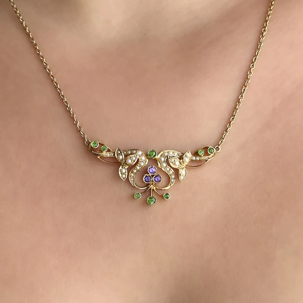 Edwardian Gold Demantoid Amethyst & Pearl Necklace - Saddingtons Jewellery Stand 375 - image 1