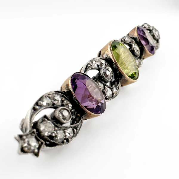 Edwardian Suffragette Style Amethyst Peridot Diamond Brooch - Saddingtons Jewellery Stand 375 - image 2