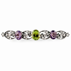 Edwardian Suffragette Style Amethyst Peridot Diamond Brooch - Saddingtons Jewellery Stand 375