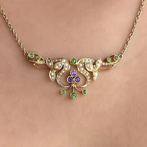 Edwardian Gold Demantoid Amethyst & Pearl Necklace - Saddingtons Jewellery Stand 375