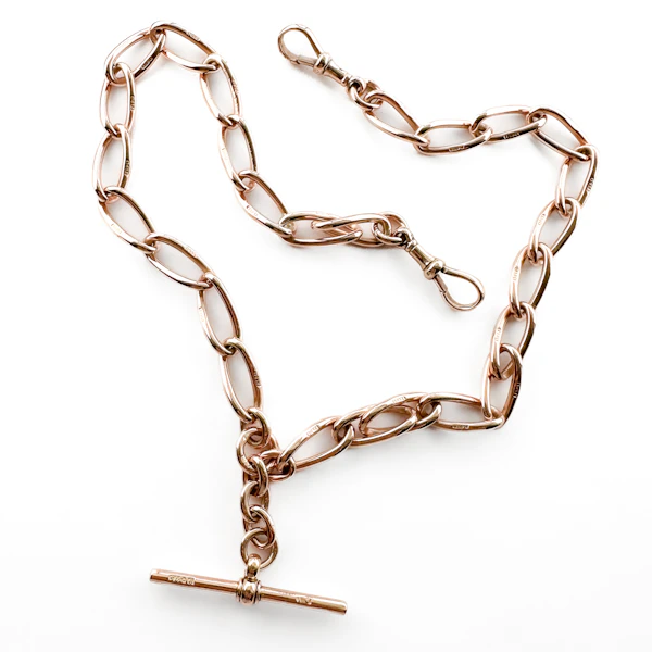 Rose Gold 16.5″ Twisted Trombone Link Albert Chain - Saddingtons Jewellery Stand 375 - image 2