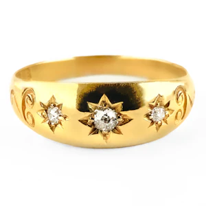 Victorian 3 Stone Diamond Gypsy Ring With Scroll Detailing - Saddingtons Jewellery Stand 375