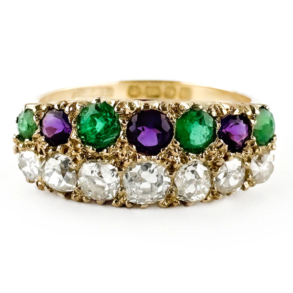 1929 Suffragette Diamond, Emerald & Amethyst Half Hoop Ring - Saddingtons Jewellery Stand 375 - image 2
