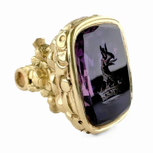 Victorian Gold & Amethyst Griffin In Crown Heraldic Seal - Saddingtons Jewellery Stand 375